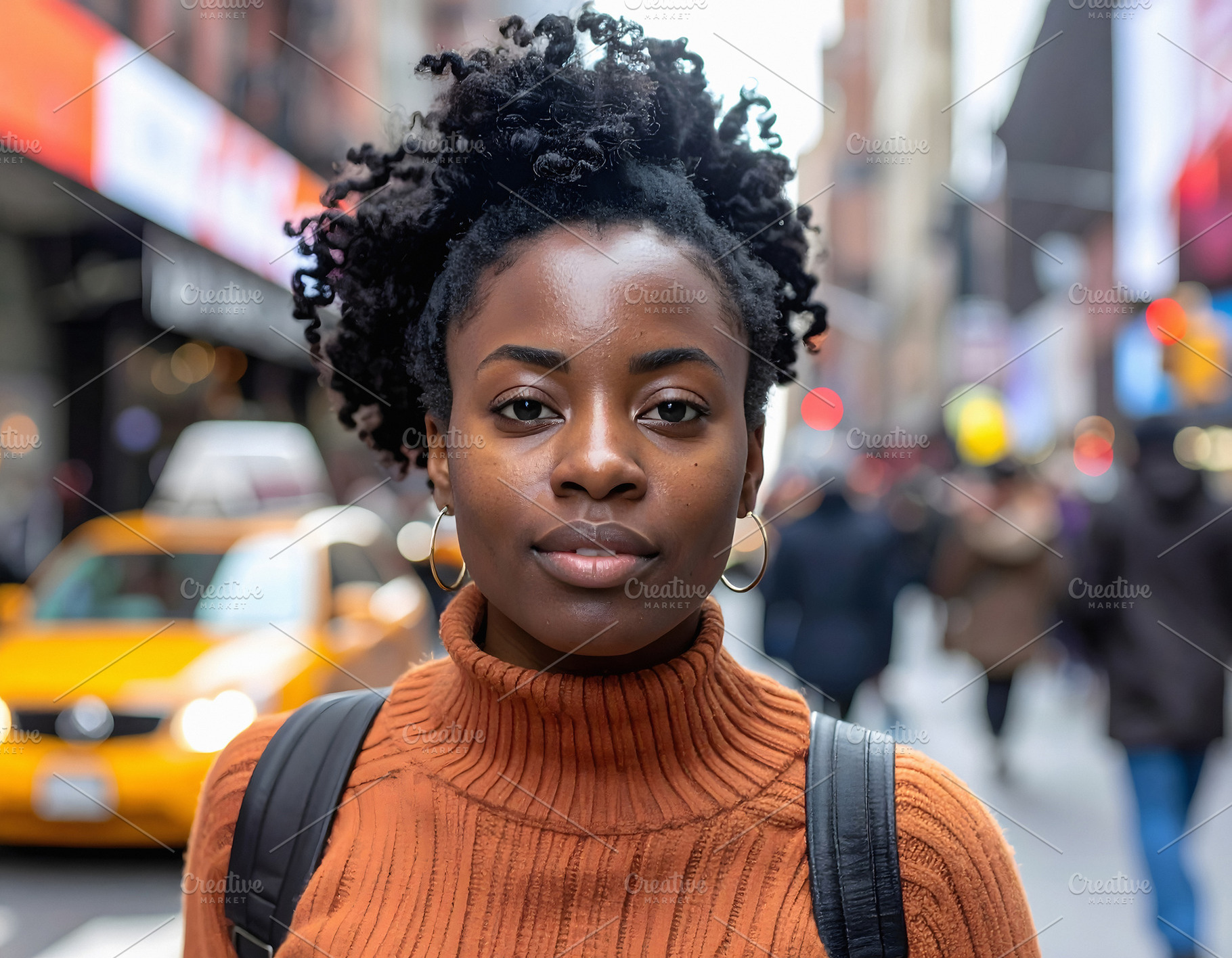 Woman with orange sweater posing on crowded New York street, a Person Photo by GoodGoods