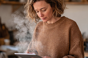 Woman enjoying coffee while using tablet in cozy kitchen setting during morning, a Person Photo by AlyaAnd