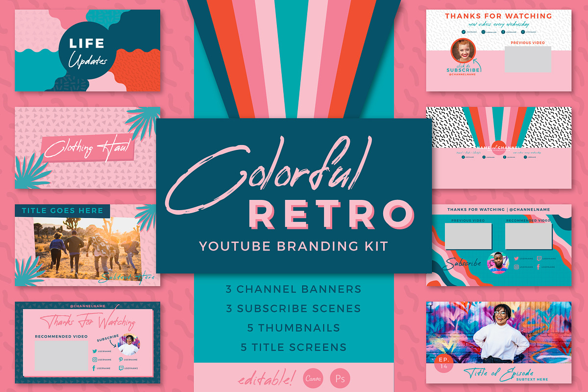 Youtube: Colorful Retro Branding Kit, a Social Media Template by Liseno Designs (Photo 1 of 7)
