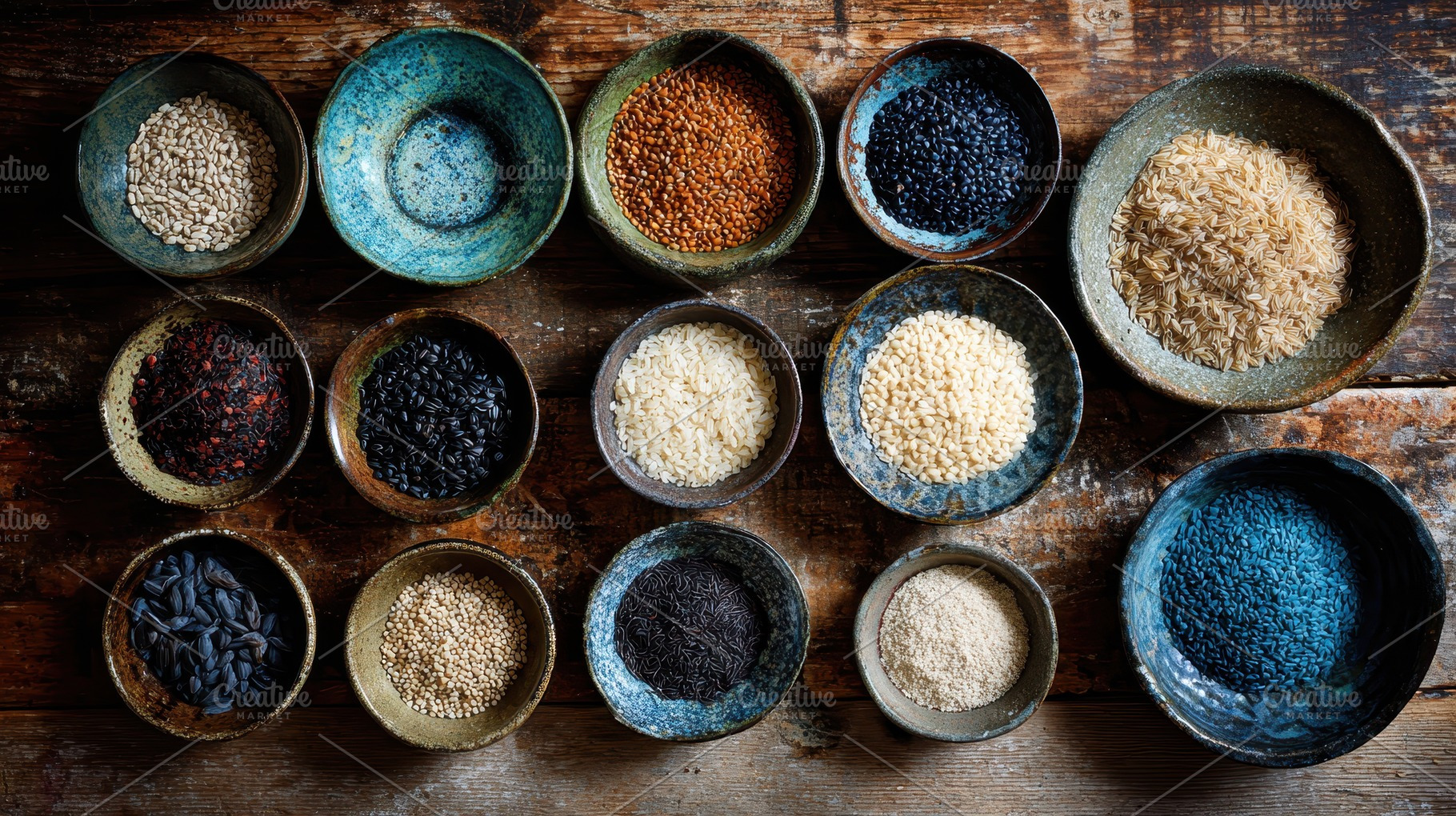 Ceramic dishes filled with grains, a Photo by Pavel_design
