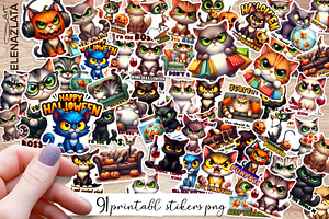 Funny cat Halloween Stickers, an Animal Illustration by ElenazlataArt