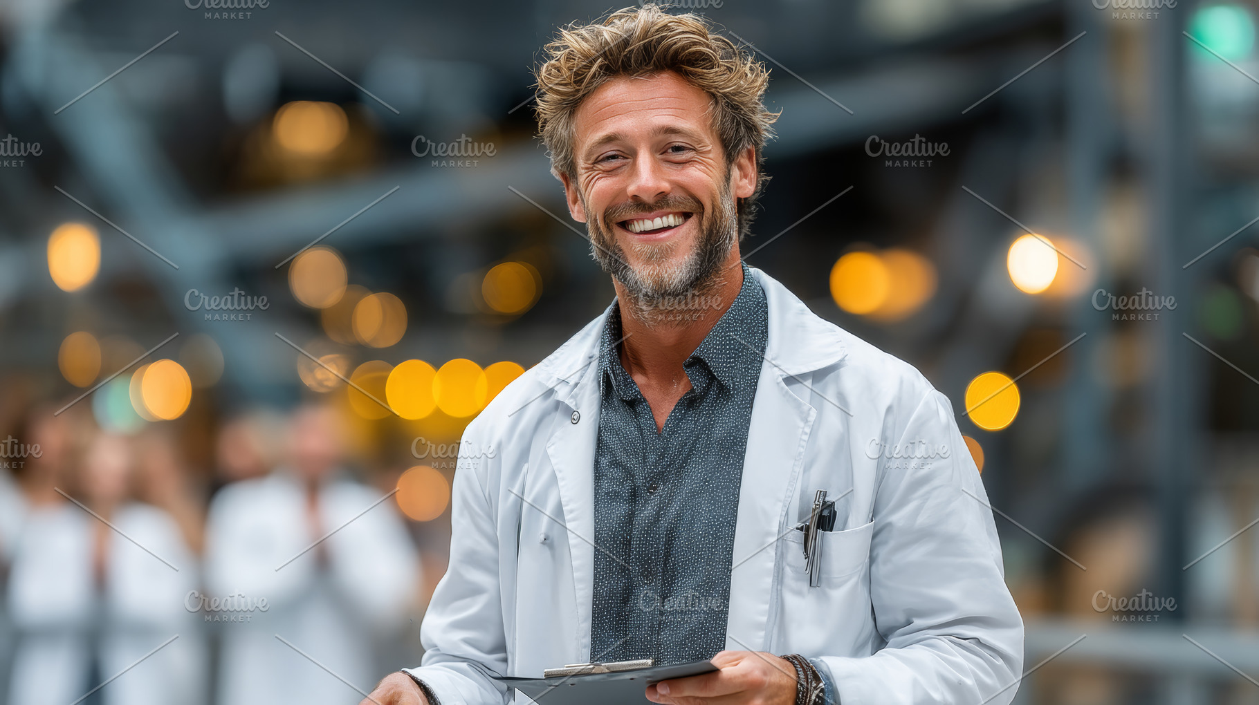 Smiling male doctor holding a clipboard in a modern healthcare f, a Health & Medical Photo by AS photostudio