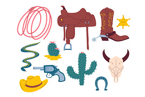 Cowboy Western Theme Icons Set.