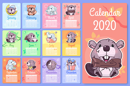 Beaver and elephant 2020 calendar, a Poster Template by The img