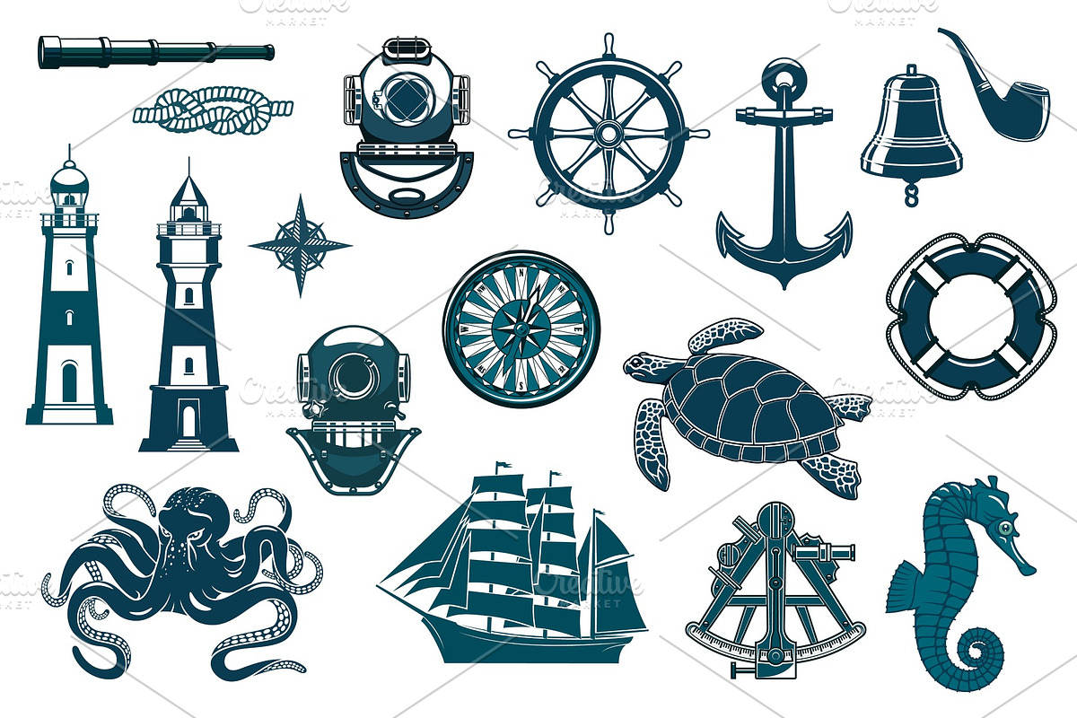 Nautical seafaring, sailing icons, an Illustration by Vector Tradition