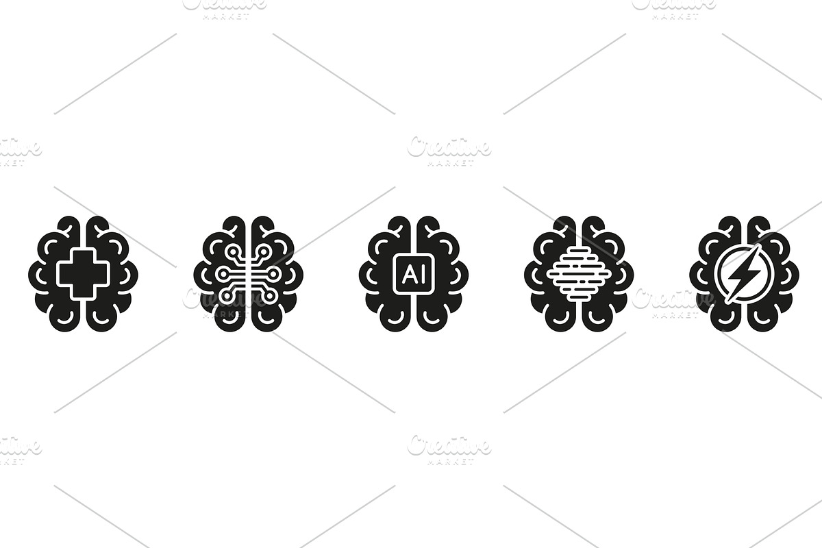 Human Brain and AI Solid Icons, an Education Illustration by Gentle Studio