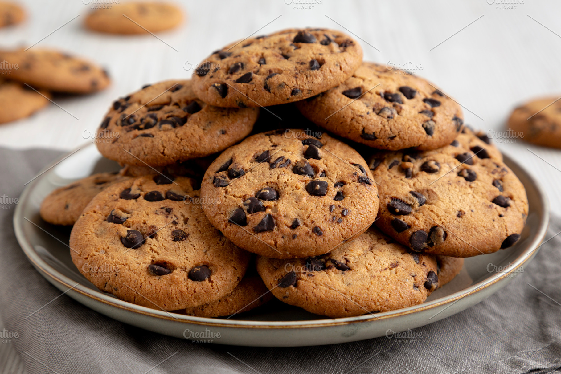 Homemade Chocolate Chip Cookies on a Plate, low angle view. Clos, a Food & Drink Photo by LiudmylaChuhunova