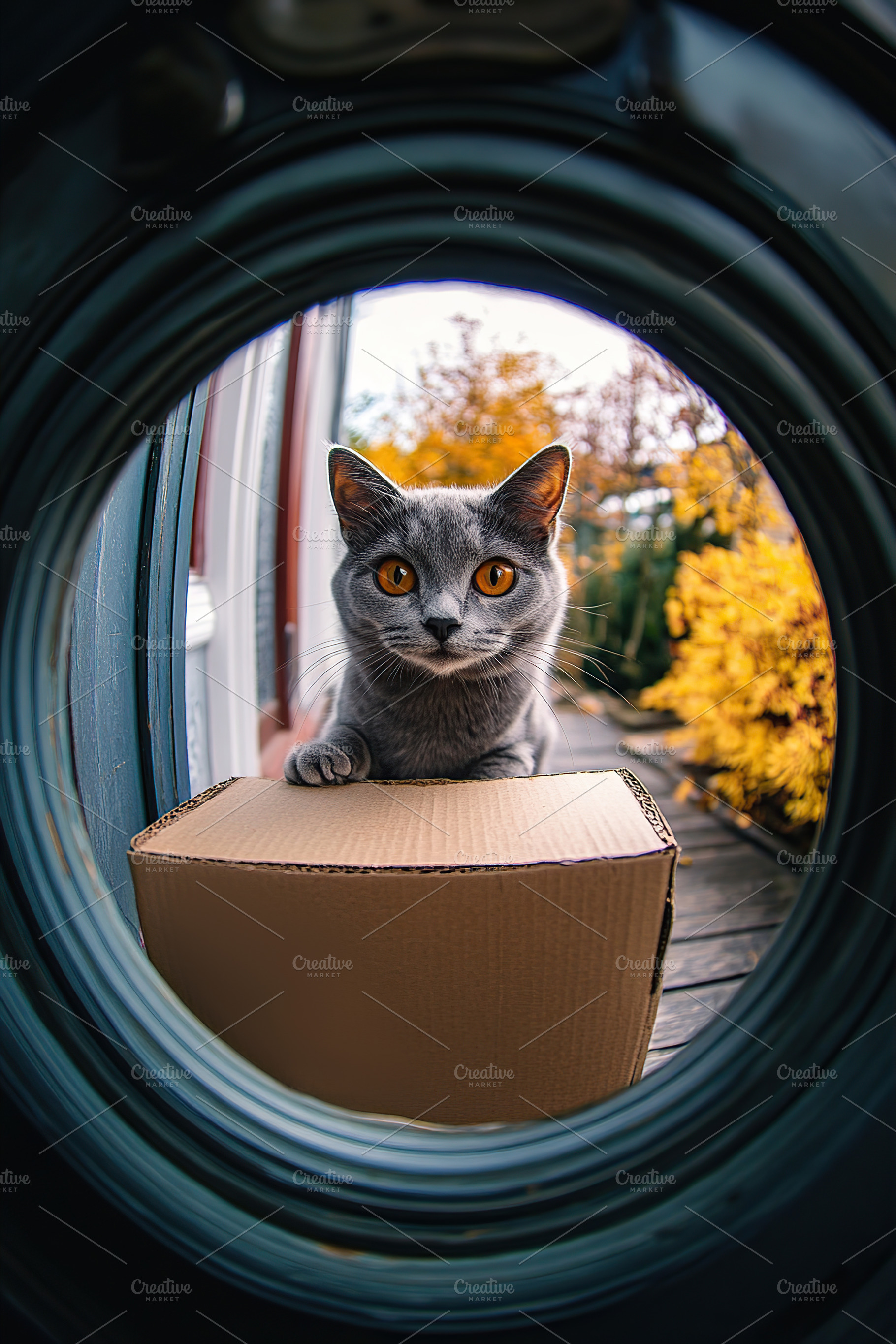 Cat curiously peeks through a small peephole at an autumn setting outside, a Photo by AlyaAnd