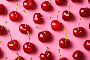 Vibrant red cherries arranged on a pink background for a colorful display, a Food & Drink Photo by AlyaAnd