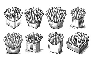French Fries engraving set vector, a Food Illustration by AlexArt