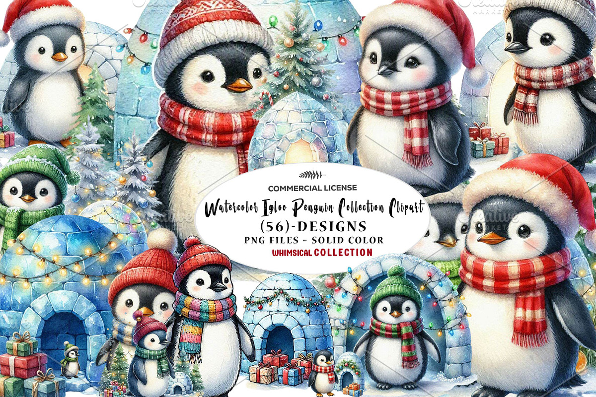 Watercolor Igloo Penguin Collection, a Seasonal Illustration by CreationArt (Photo 1 of 7)