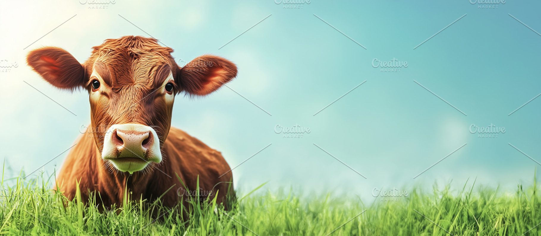 Brown cow lays on a grass banner, an Animal Photo by MistyDay