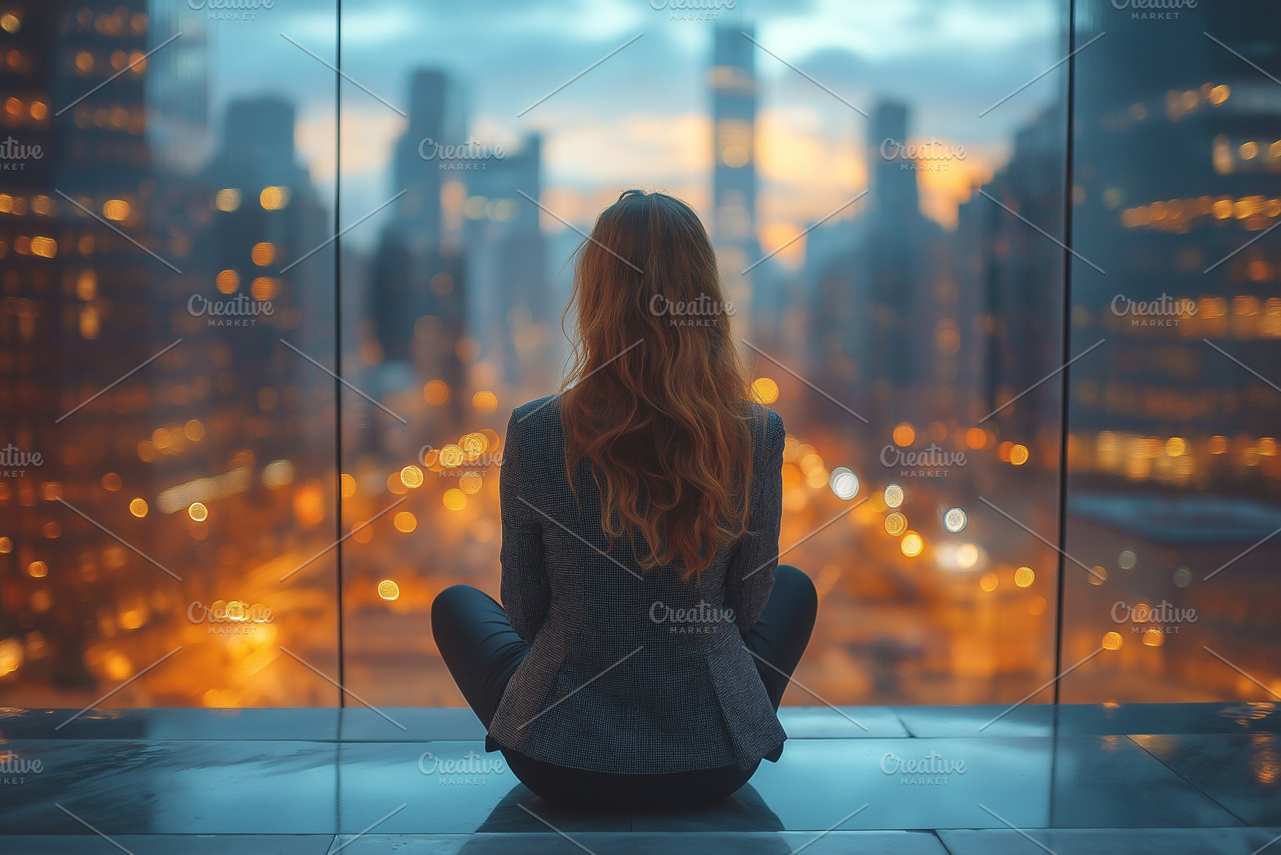 A woman with long hair seated in a modern office, gazing out at a vibrant citys, a Person Photo by ImageMir