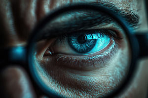 Close-up of a person's profiler eye seen through a magnifying glass, showcasing, a Person Photo by Textures & Backgrounds