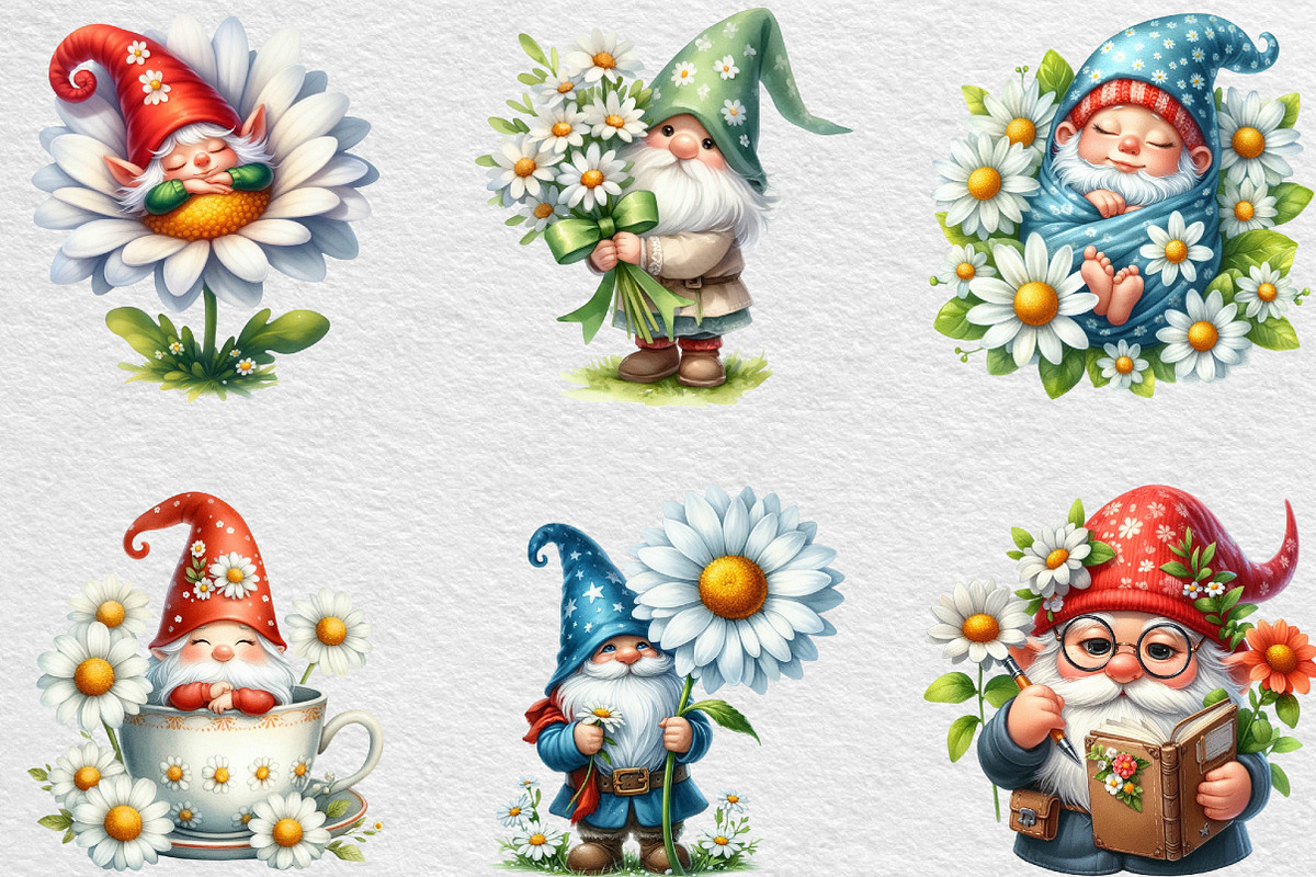 White Gnome Daisy Watercolor Clipart, an Illustration by Black Bird Studio (Photo 6 of 6)