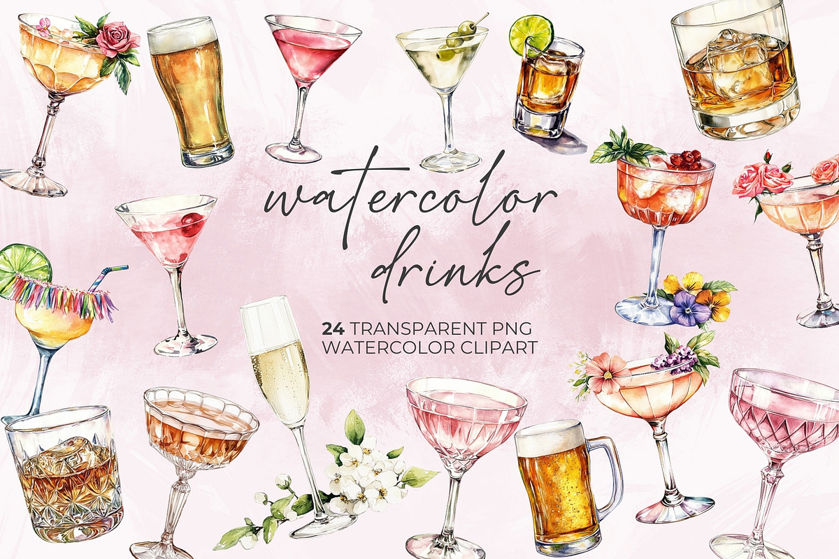 Cocktail & Drinks Watercolor Clipart, a Decorative Illustration by Honey Island Studio (Photo 1 of 4)