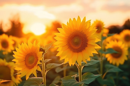 Sunset Embrace: A Lush Field of Sunflowers Under Golden Skies -