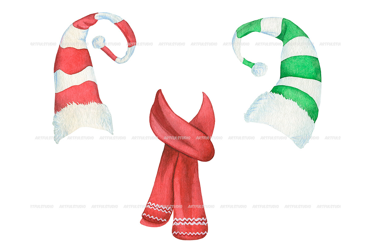Watercolor Christmas hats and scarve, a Seasonal Illustration by ArtfulStudio (Photo 3 of 10)