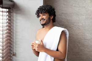Happy indian man enjoying morning in bathroom, standing next to huge panoramic, a Person Photo by Prostock-Studio