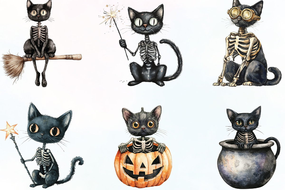 Skeleton Black Cat Clipart, an Illustration by CraftArtStudio (Photo 3 of 6)