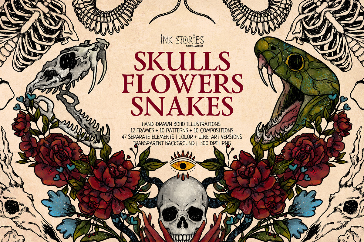 Skulls, Flowers and Snakes | Vintage, a Decorative Illustration by Ink Stories (Photo 1 of 12)