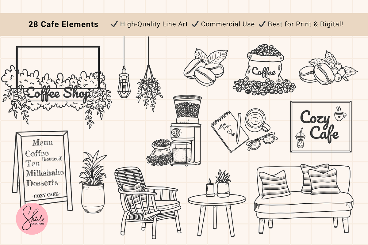 Cozy Cafe Line Art | Coffee Cliparts, a Food Illustration by shielscreations (Photo 3 of 4)