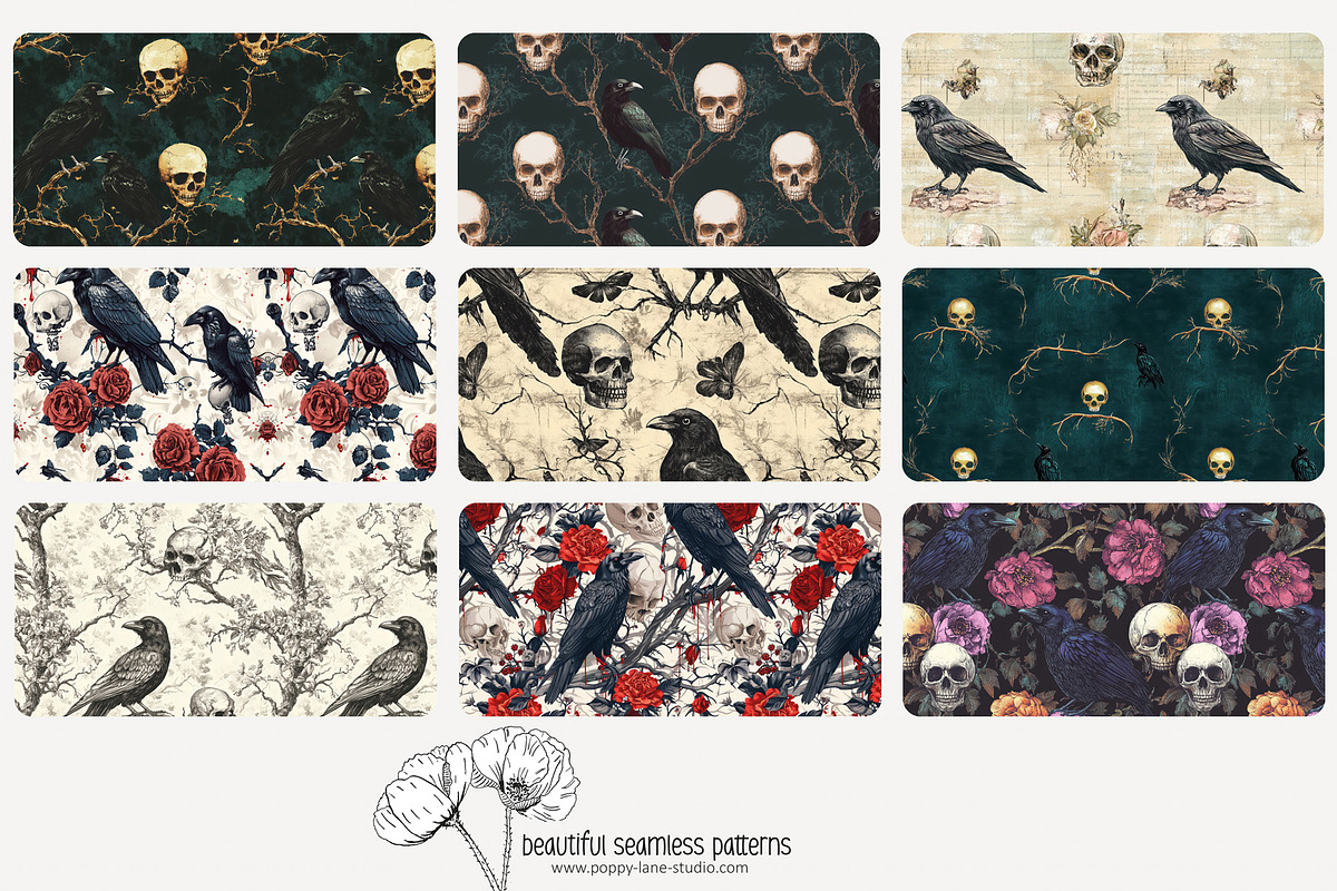 70 crows & skulls seamless pattern, a Pattern Graphic by Poppy Lane Studio (Photo 7 of 10)