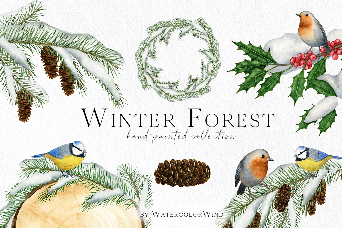 Watercolor Winter Forest Clipart, an Illustration by Ksenia Shmakova (Photo 1 of 11)