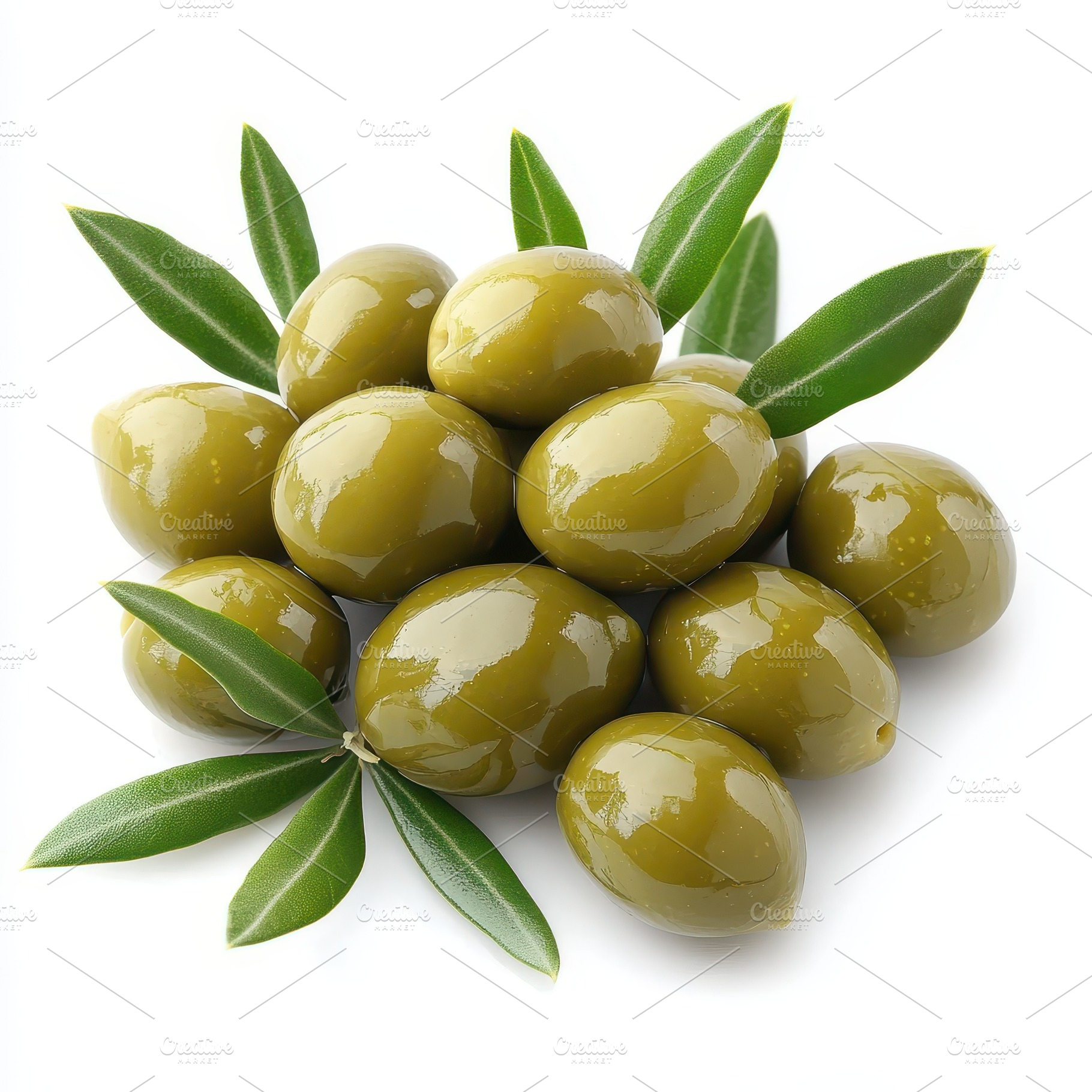 Green olives with olive leaves healt, a Food & Drink Photo by Pixeness Studio