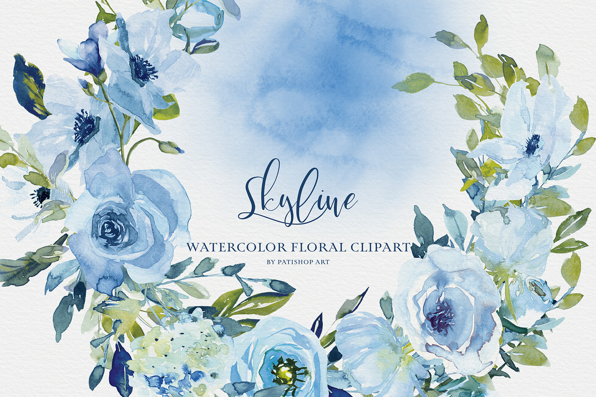 Watercolor Blue Florals Clipart Set, a Decorative Illustration by Patishop Art (Photo 9 of 14)