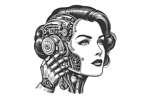 Futuristic Female Cyborg engraving, a Technology Illustration by AlexArt
