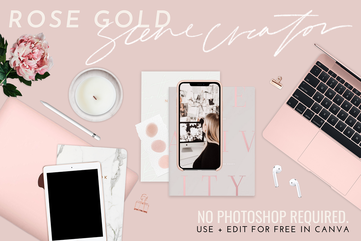 RoseGold Tech Mockups+Scene Creator, a Books & Magazine Mockup by Girl Boss Stock (Photo 1 of 8)