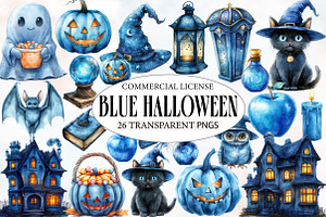 Blue Halloween Watercolor Clipart, an Illustration by Designworld