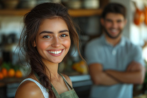 A cheerful young woman with long, dark hair smiles brightly in a cozy kitchen,, a Person Photo by ImageMir