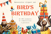 Bird's Birthday - Watercolor Clipart, an Animal Illustration by Mashamashastu (Thumbnail 1 of 12)