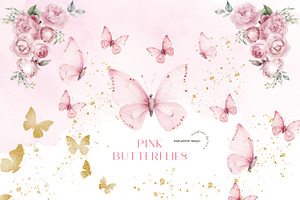 Pink Gold Butterflies Roses Clipart, an Illustration by Sunflower Day Love