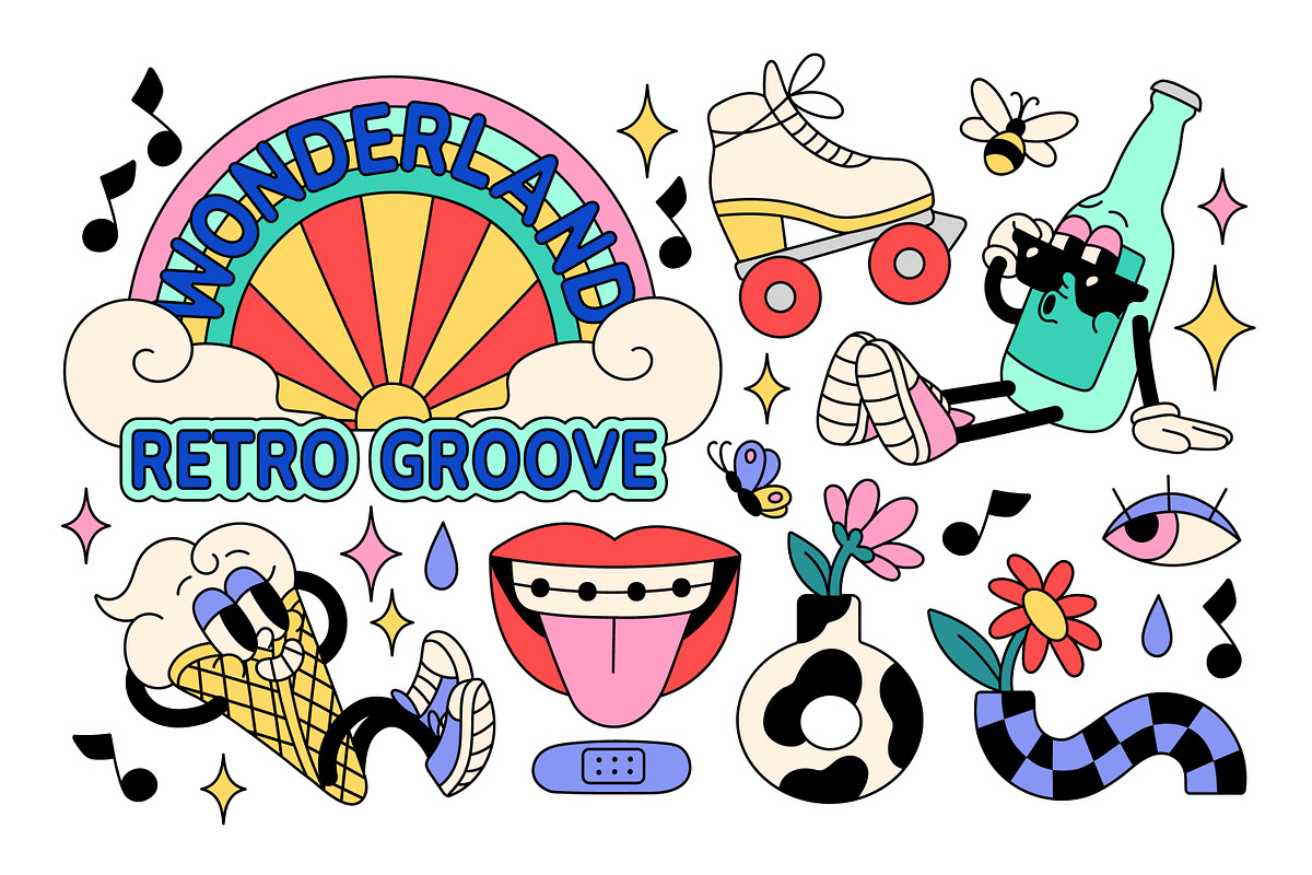Retro stickers in groovy style set, a Decorative Illustration by PaperTrident (Photo 2 of 8)