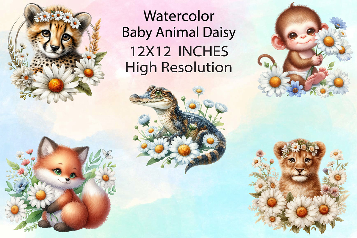 Watercolor Baby Animal Daisy Clipart, an Icon by CraftArtStudio (Photo 3 of 3)