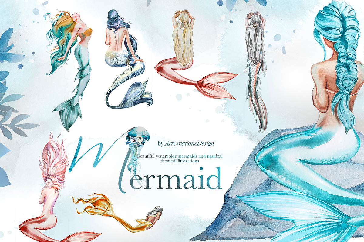 Hand-Painted Mermaid Clipart Set, a Person Illustration by ArtCreationsDesign (Photo 2 of 24)