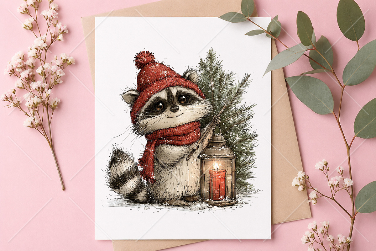 Whimsical Raccoons Christmas Clipart, a Seasonal Illustration by Canvas Craft (Photo 10 of 10)
