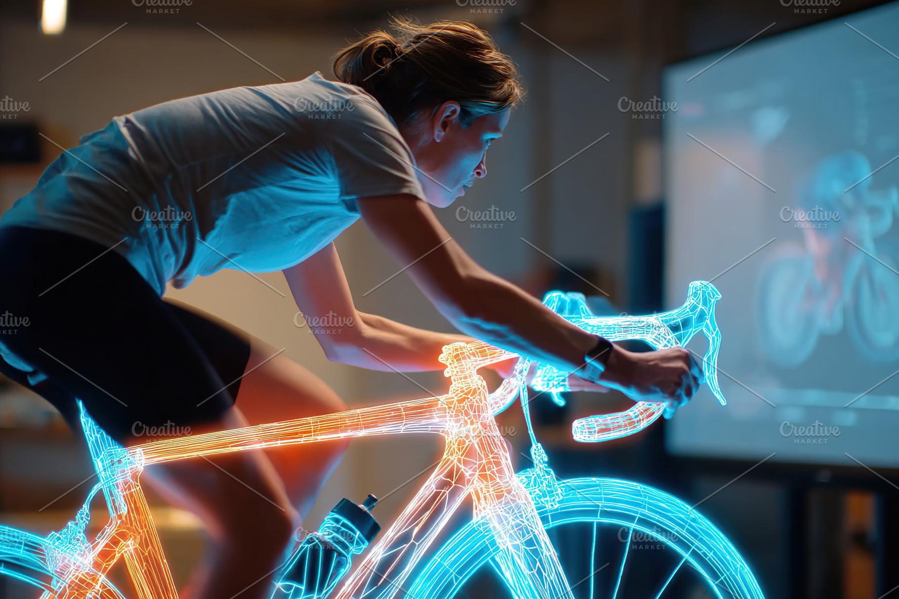 Cyclist engages in smart trainer racing with holographic visuals in modern indo, a Photo by AlyaAnd