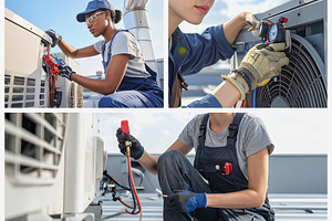 Photo collage of women hvac technician repairing an outdoor air, a Business Photo by DanFLCreativo