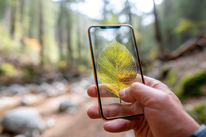 Interface projected over a leaf in a forest during a sunny day, a Photo by AlyaAnd