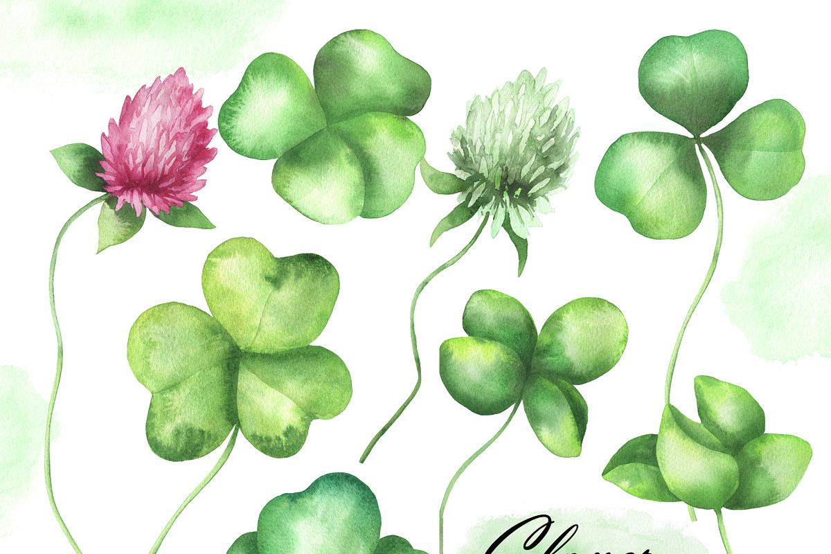 Watercolor clovers clipart, an Illustration by OlDm_Shop (Photo 2 of 6)