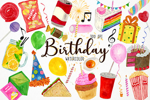 Watercolor Birthday Clipart, Party