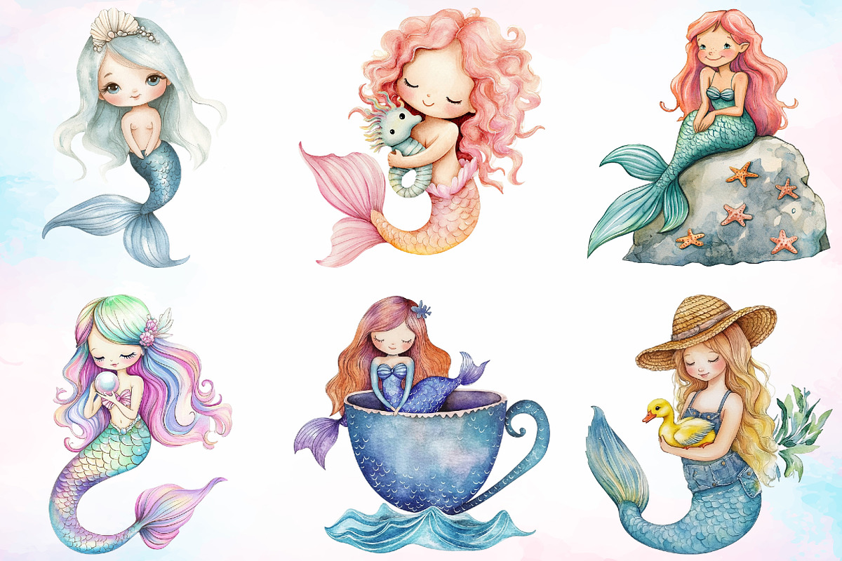 Watercolor Cute Mermaid Clipart PNG, an Illustration by Canvas Craft (Photo 3 of 3)