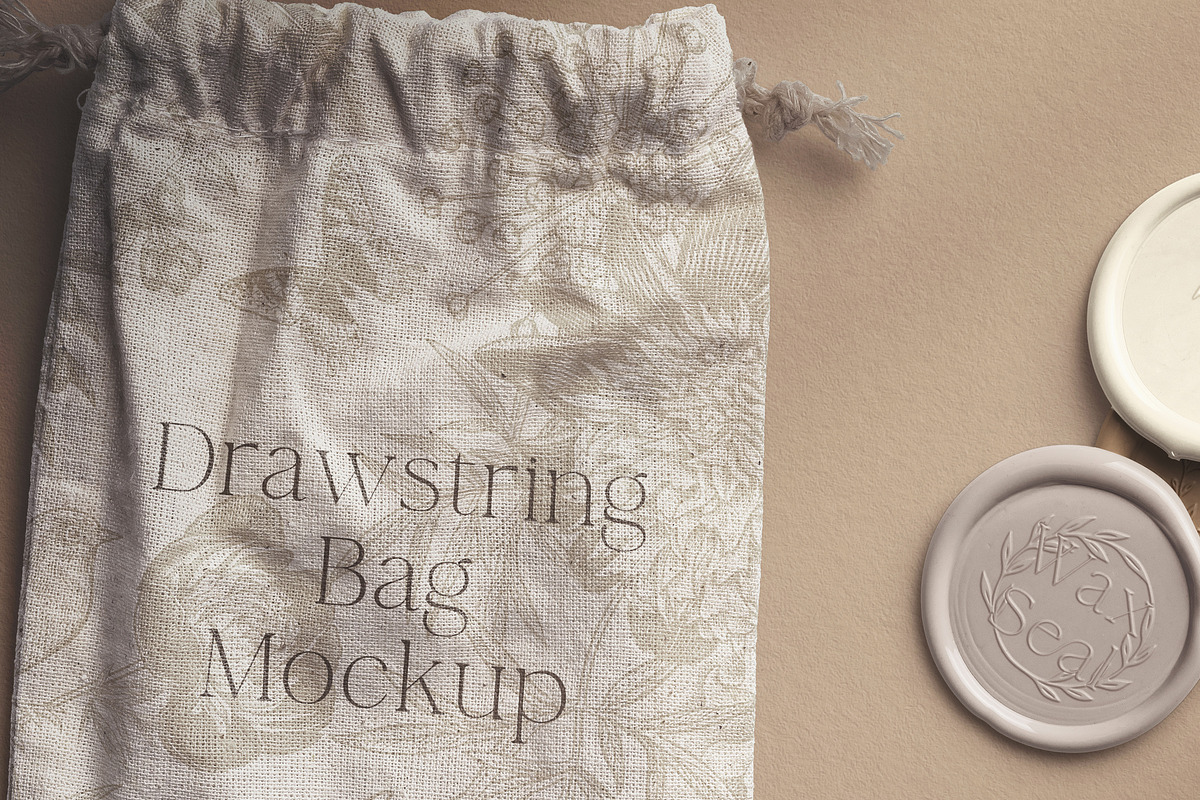 Drawstring Bag with Wax Seals Mockup, an Advertising Mockup by Custom Scene (Photo 3 of 11)