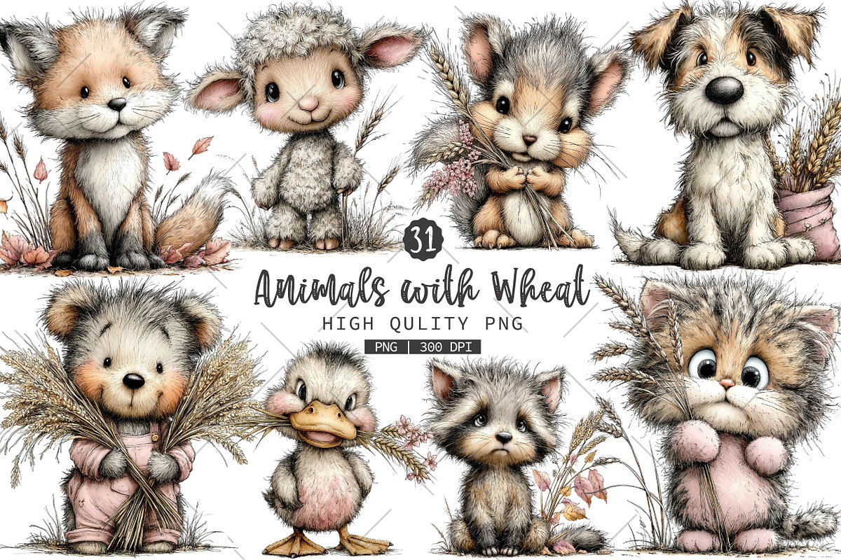 Animals with Wheat PNG Clipart Set, a Seasonal Illustration by OK Design (Photo 1 of 6)
