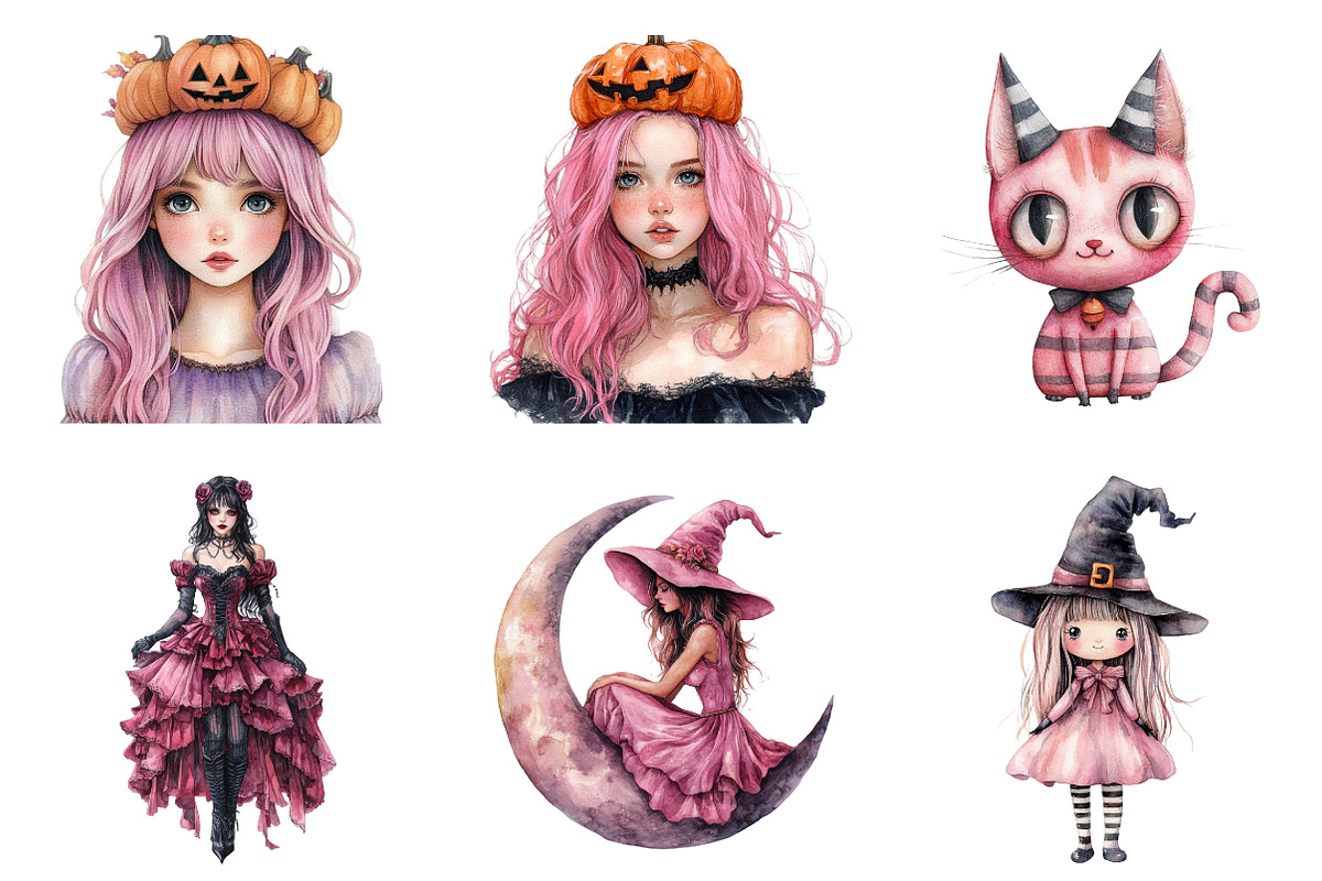 Pink girls Halloween Clipart, an Illustration by SinaCreation (Photo 3 of 5)