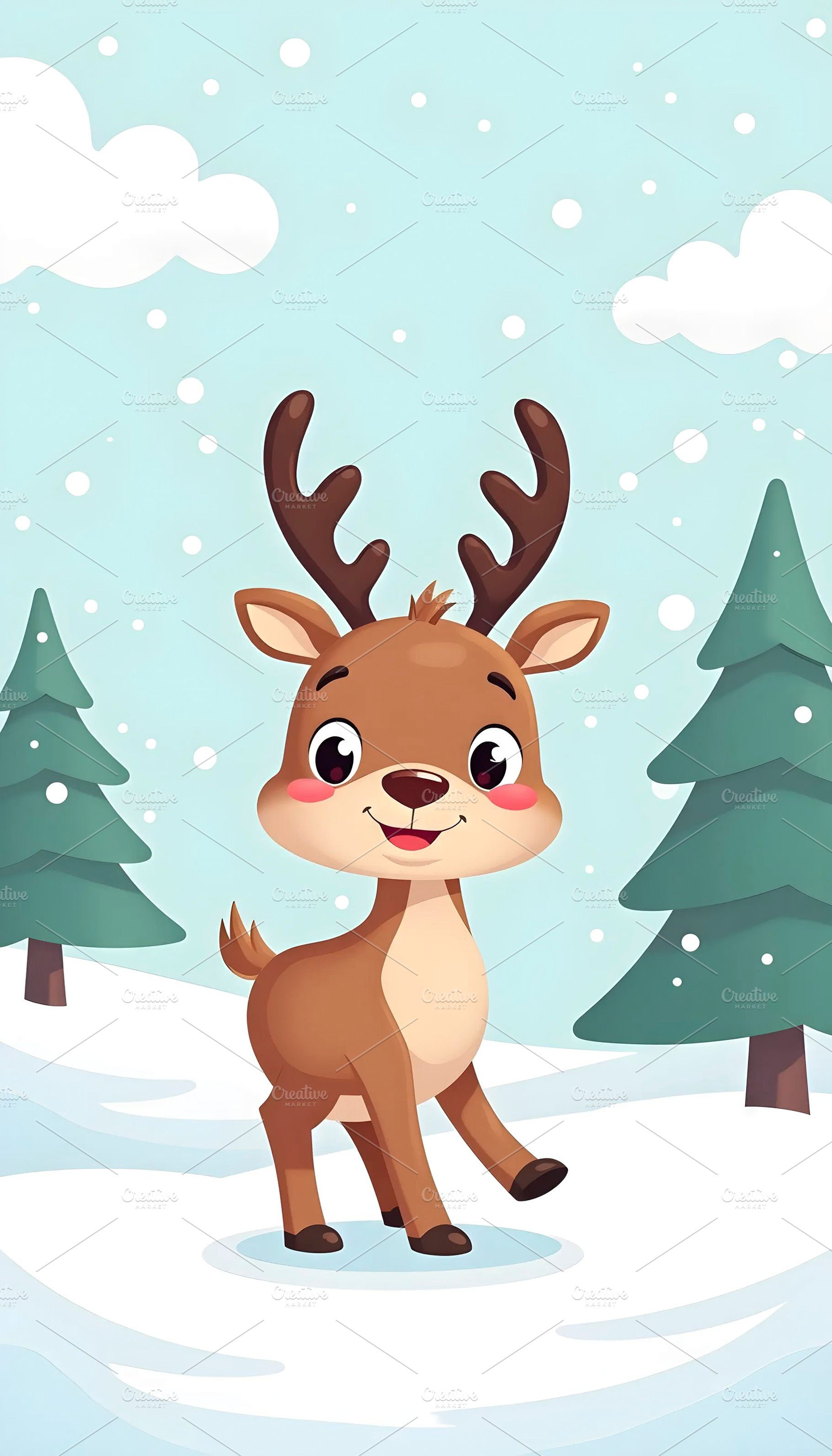 Cartoon Reindeer Walking Through Sno, a Photo by LOGOCREATIVE